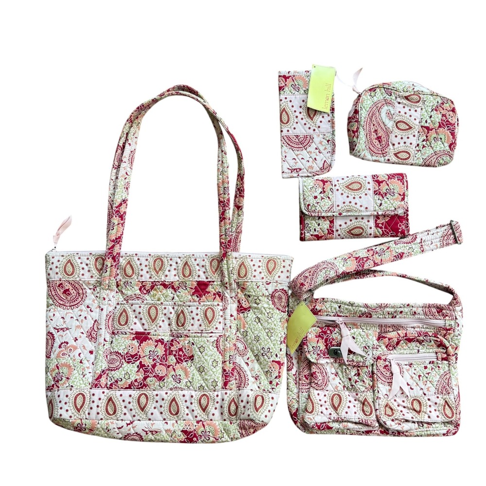 Lemon Hill 5pc Quilted Paisley Bag Set Tote Crossbody Wallet Pouch Red Pink